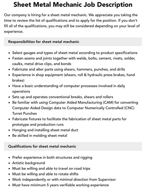 sheet metal fabricator job|sheet metal mechanic job duties.